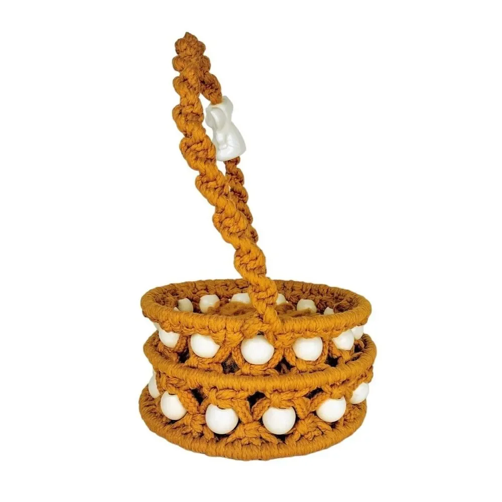 VTG 60s 70s MCM Gold Macrame Porcelain Elephant & Wood Beads Easter Basket 14